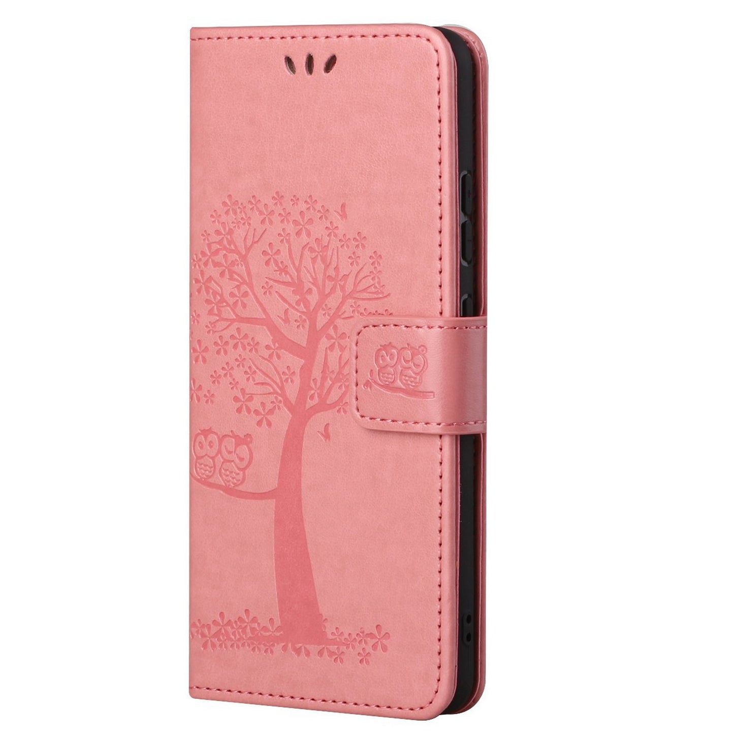 For Motorola Moto G52 4G Anti-scratch Anti-drop PU Leather Phone Cover Owl Tree Pattern Imprinted Wallet Style Stand Case with Wrist Strap