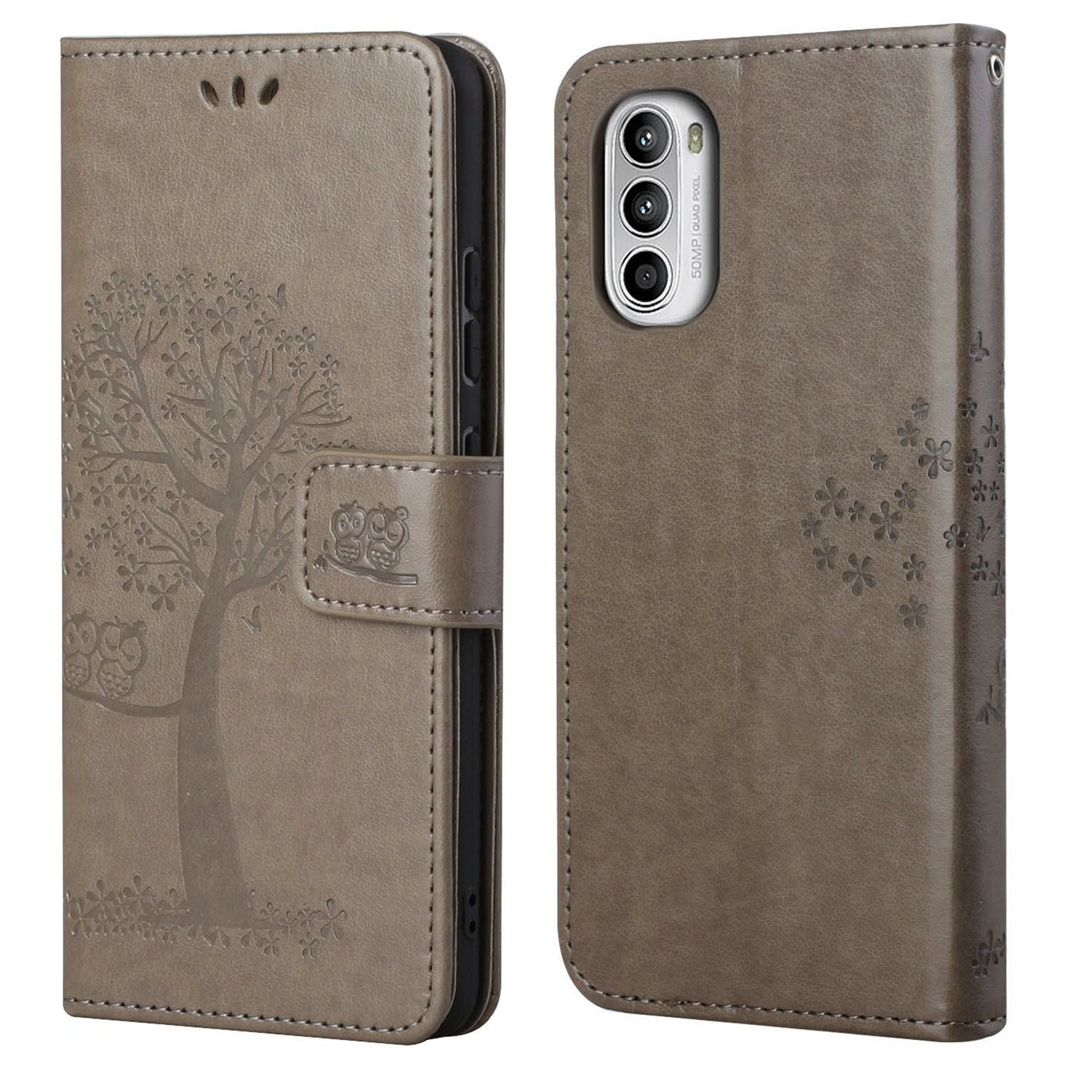 For Motorola Moto G52 4G Anti-scratch Anti-drop PU Leather Phone Cover Owl Tree Pattern Imprinted Wallet Style Stand Case with Wrist Strap