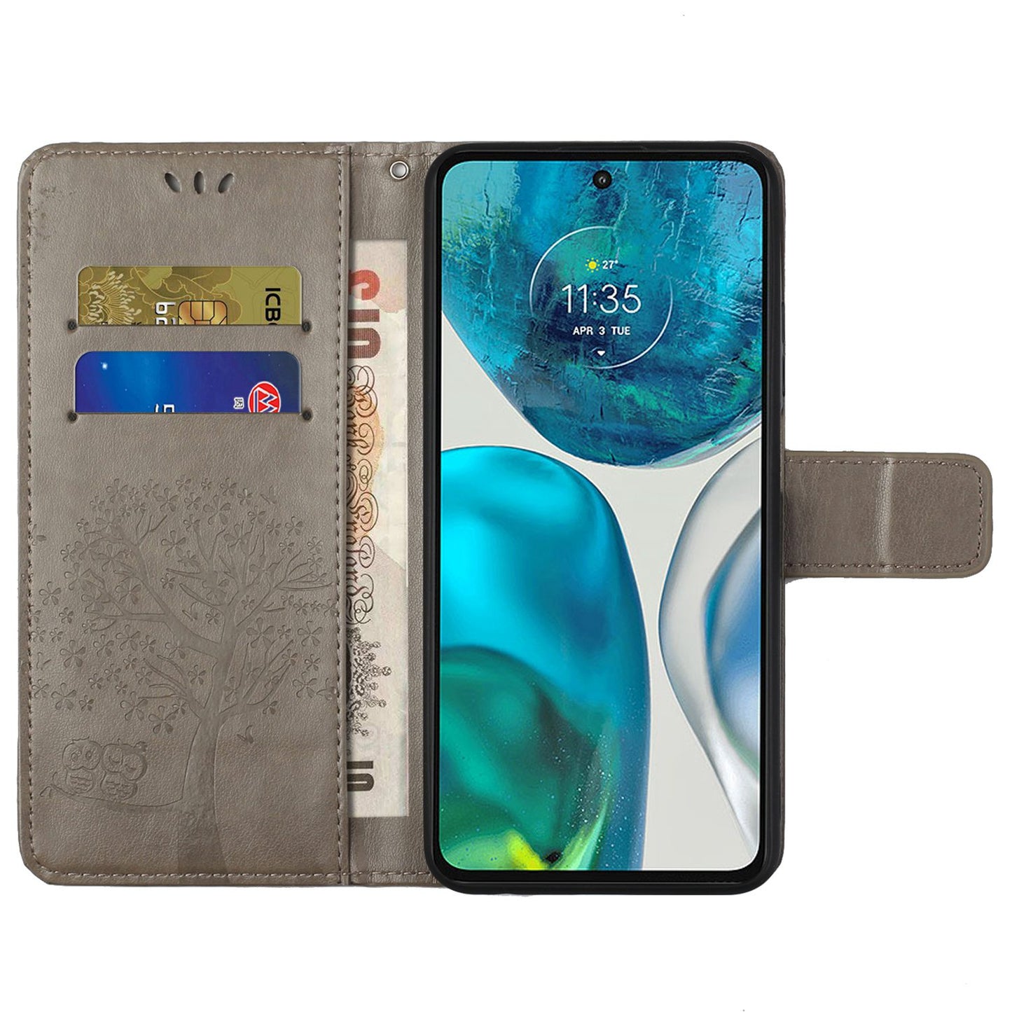 For Motorola Moto G52 4G Anti-scratch Anti-drop PU Leather Phone Cover Owl Tree Pattern Imprinted Wallet Style Stand Case with Wrist Strap