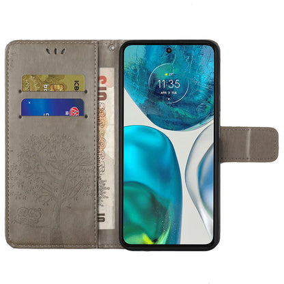 For Motorola Moto G52 4G Anti-scratch Anti-drop PU Leather Phone Cover Owl Tree Pattern Imprinted Wallet Style Stand Case with Wrist Strap
