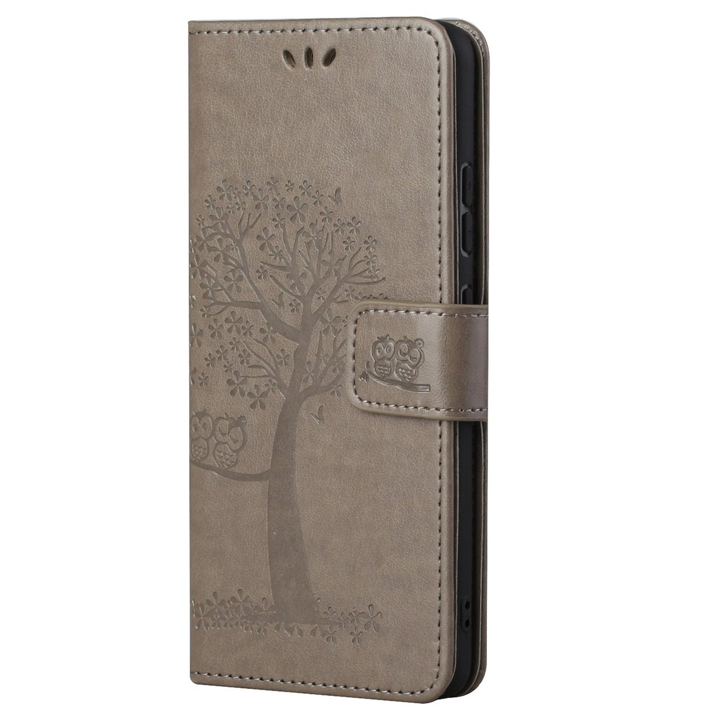 For Motorola Moto G52 4G Anti-scratch Anti-drop PU Leather Phone Cover Owl Tree Pattern Imprinted Wallet Style Stand Case with Wrist Strap