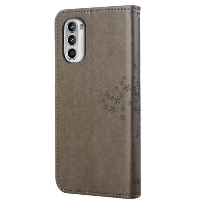 For Motorola Moto G52 4G Anti-scratch Anti-drop PU Leather Phone Cover Owl Tree Pattern Imprinted Wallet Style Stand Case with Wrist Strap