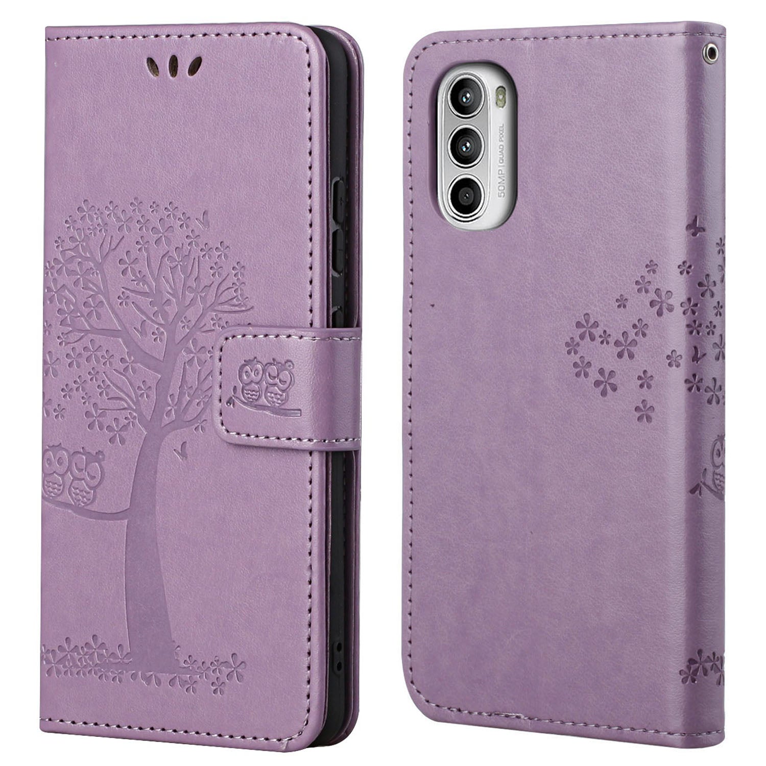 For Motorola Moto G52 4G Anti-scratch Anti-drop PU Leather Phone Cover Owl Tree Pattern Imprinted Wallet Style Stand Case with Wrist Strap