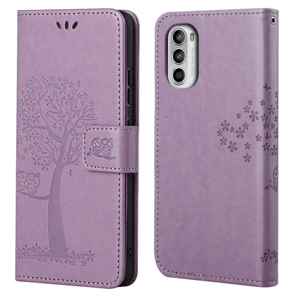 For Motorola Moto G52 4G Anti-scratch Anti-drop PU Leather Phone Cover Owl Tree Pattern Imprinted Wallet Style Stand Case with Wrist Strap