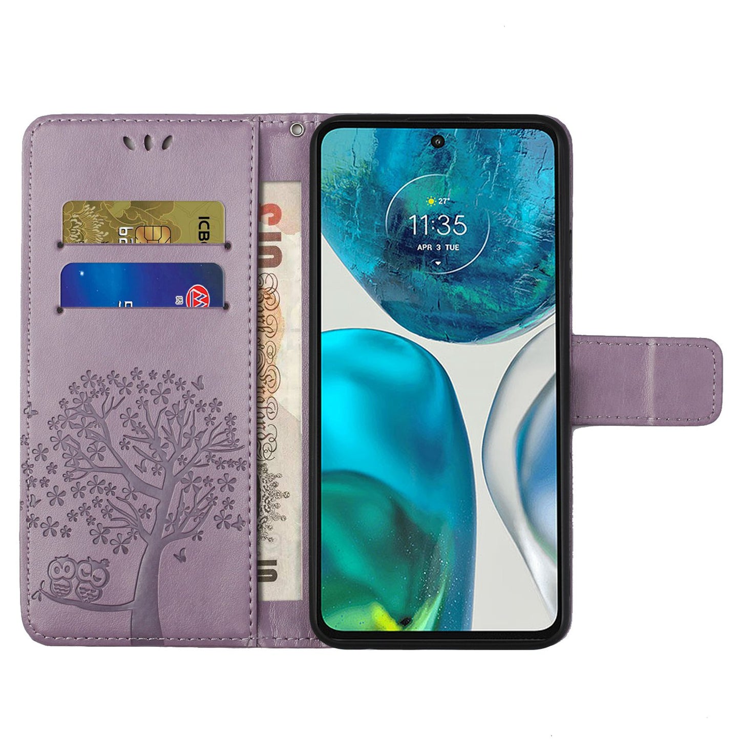 For Motorola Moto G52 4G Anti-scratch Anti-drop PU Leather Phone Cover Owl Tree Pattern Imprinted Wallet Style Stand Case with Wrist Strap