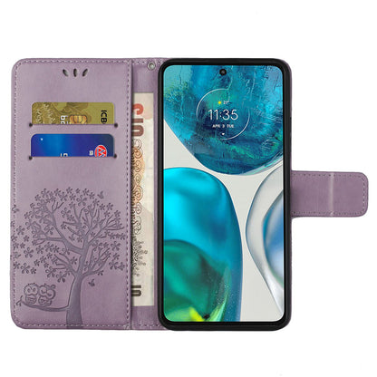 For Motorola Moto G52 4G Anti-scratch Anti-drop PU Leather Phone Cover Owl Tree Pattern Imprinted Wallet Style Stand Case with Wrist Strap