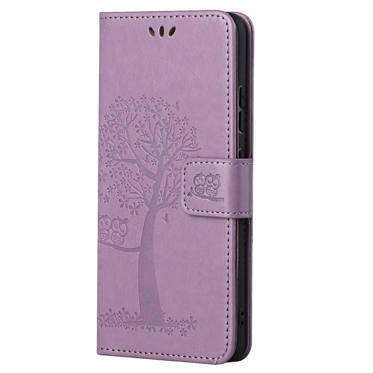 For Motorola Moto G52 4G Anti-scratch Anti-drop PU Leather Phone Cover Owl Tree Pattern Imprinted Wallet Style Stand Case with Wrist Strap