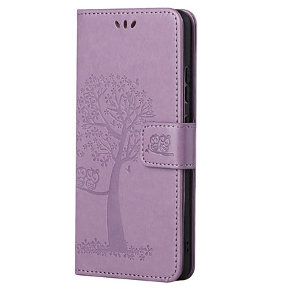 For Motorola Moto G52 4G Anti-scratch Anti-drop PU Leather Phone Cover Owl Tree Pattern Imprinted Wallet Style Stand Case with Wrist Strap