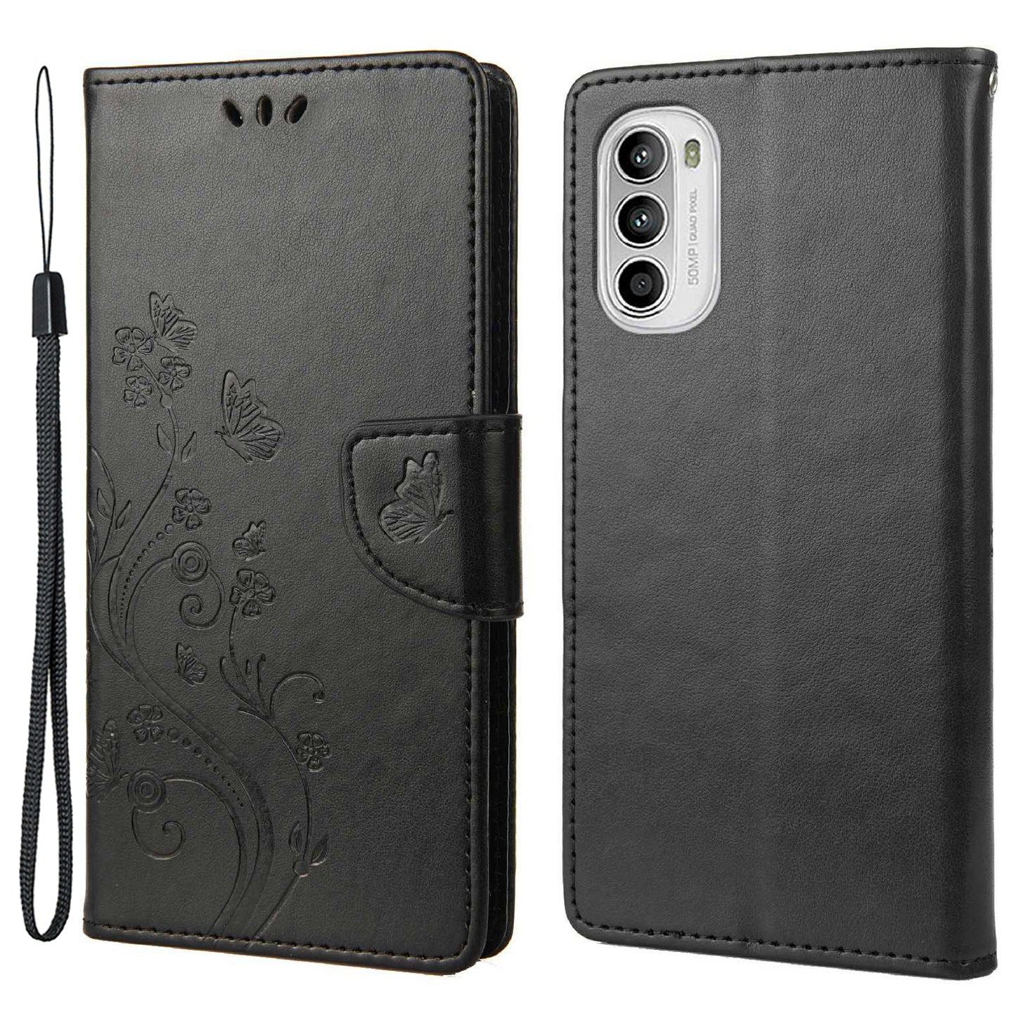 For Motorola Moto G52 4G PU Leather Imprinted Butterfly Flower Pattern Case Wrist Strap Stand Magnetic Closure Wallet Book Flip Cover