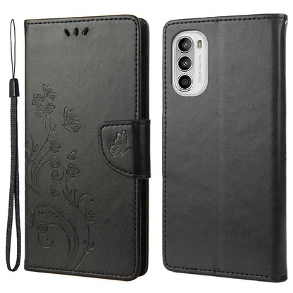 For Motorola Moto G52 4G PU Leather Imprinted Butterfly Flower Pattern Case Wrist Strap Stand Magnetic Closure Wallet Book Flip Cover