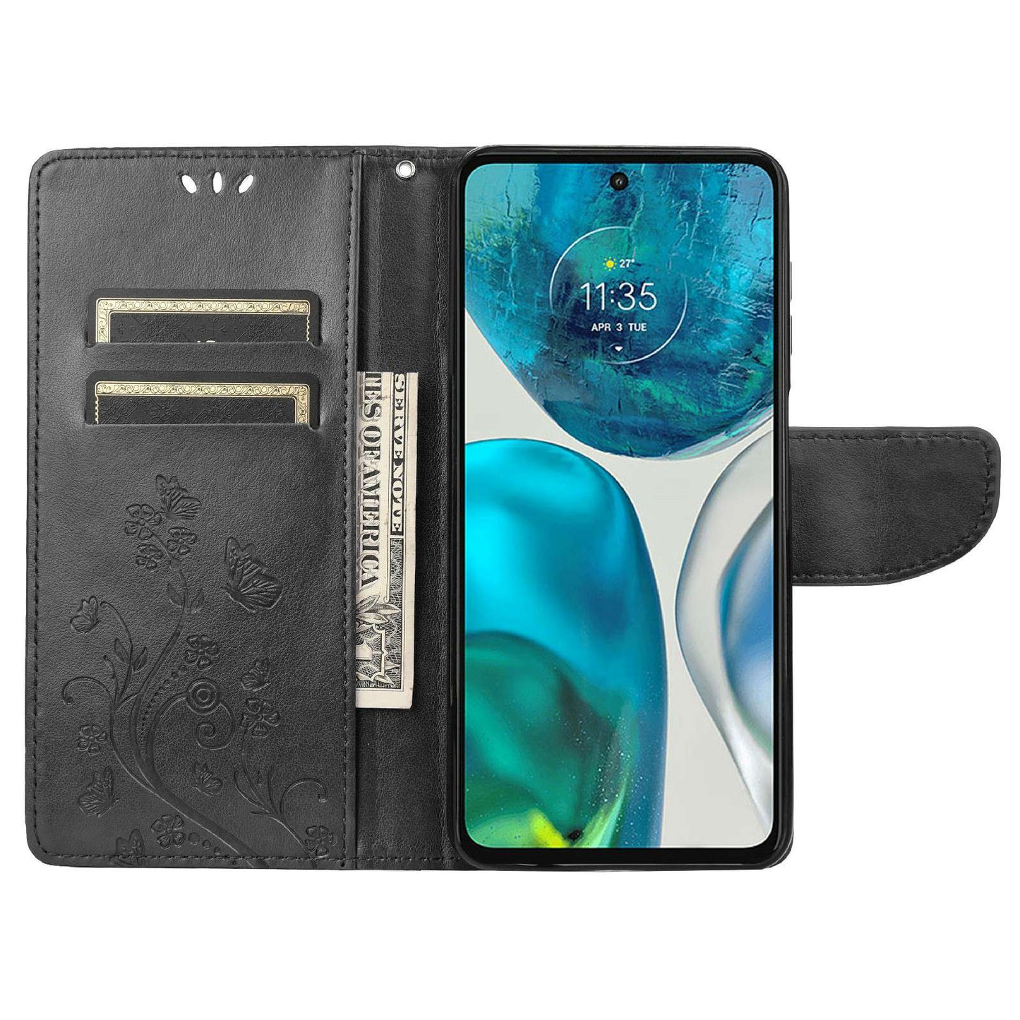 For Motorola Moto G52 4G PU Leather Imprinted Butterfly Flower Pattern Case Wrist Strap Stand Magnetic Closure Wallet Book Flip Cover