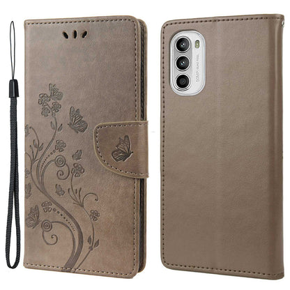 For Motorola Moto G52 4G PU Leather Imprinted Butterfly Flower Pattern Case Wrist Strap Stand Magnetic Closure Wallet Book Flip Cover