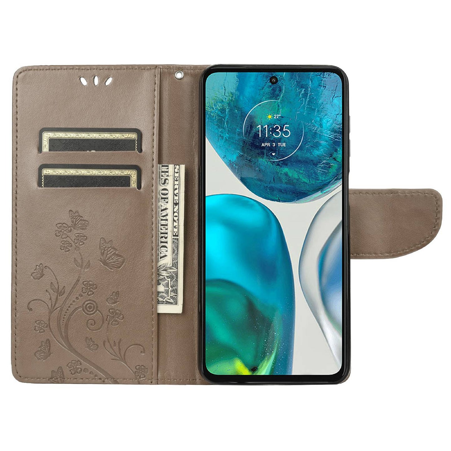 For Motorola Moto G52 4G PU Leather Imprinted Butterfly Flower Pattern Case Wrist Strap Stand Magnetic Closure Wallet Book Flip Cover