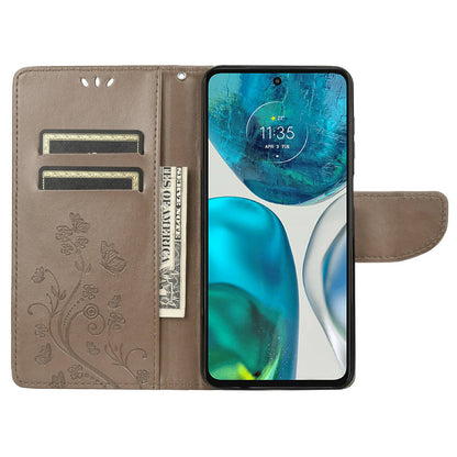 For Motorola Moto G52 4G PU Leather Imprinted Butterfly Flower Pattern Case Wrist Strap Stand Magnetic Closure Wallet Book Flip Cover