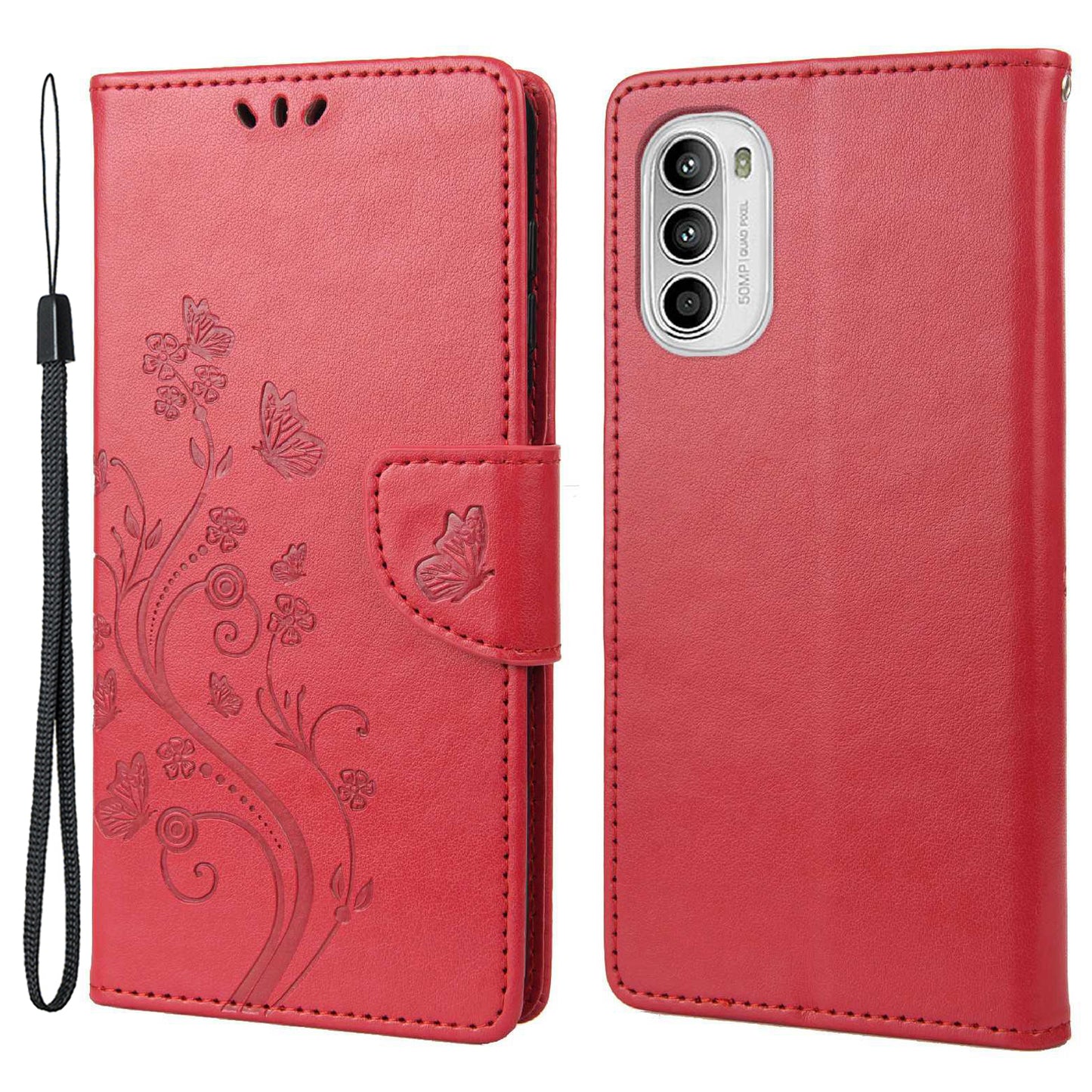 For Motorola Moto G52 4G PU Leather Imprinted Butterfly Flower Pattern Case Wrist Strap Stand Magnetic Closure Wallet Book Flip Cover