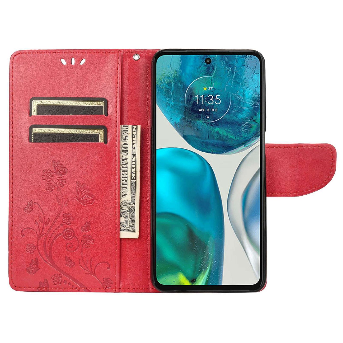 For Motorola Moto G52 4G PU Leather Imprinted Butterfly Flower Pattern Case Wrist Strap Stand Magnetic Closure Wallet Book Flip Cover