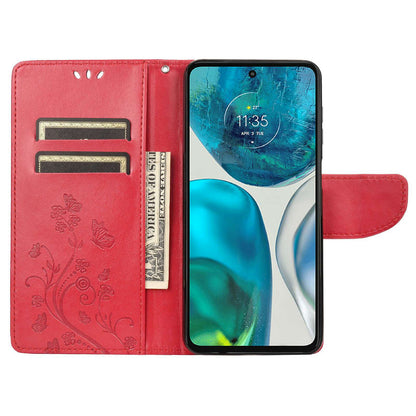 For Motorola Moto G52 4G PU Leather Imprinted Butterfly Flower Pattern Case Wrist Strap Stand Magnetic Closure Wallet Book Flip Cover