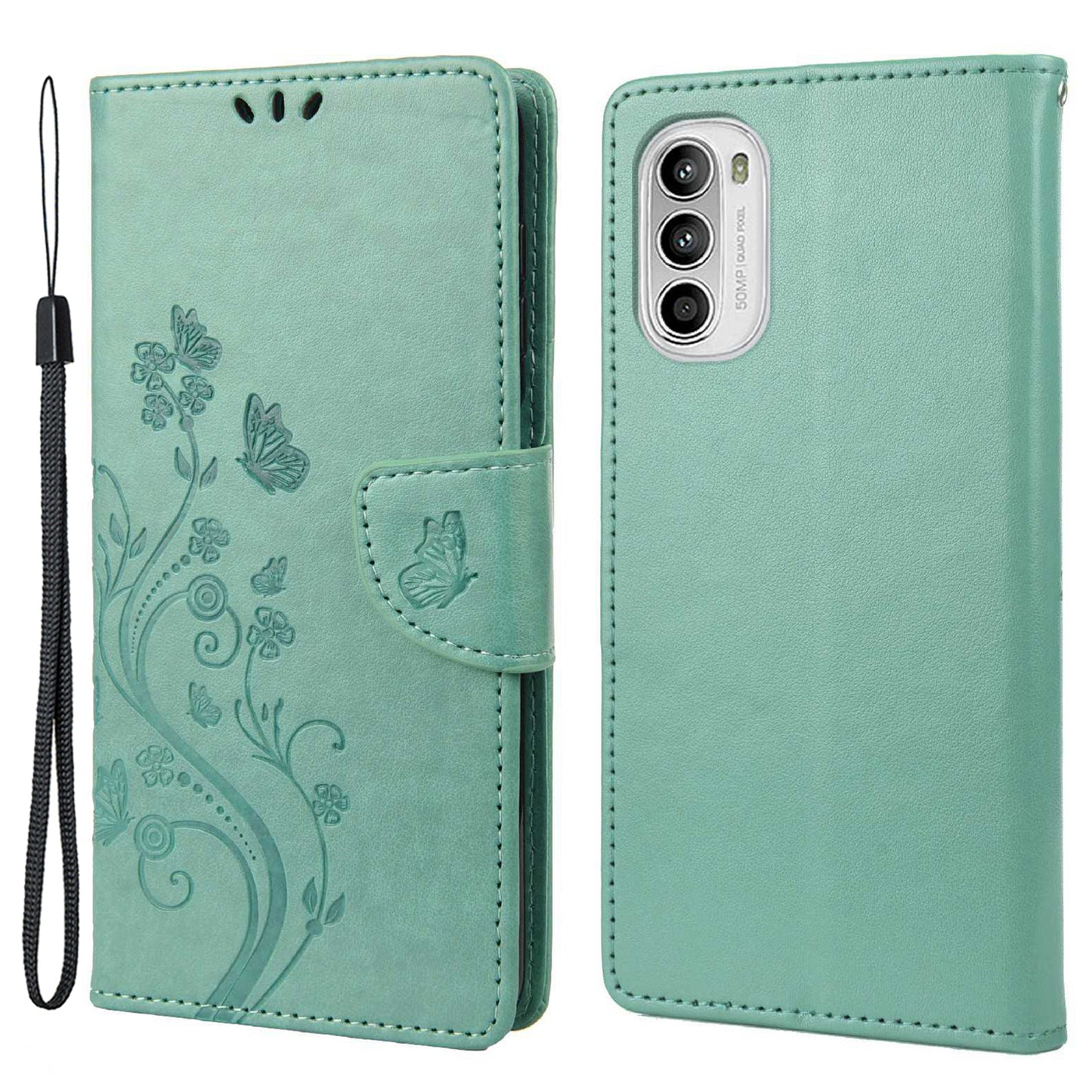 For Motorola Moto G52 4G PU Leather Imprinted Butterfly Flower Pattern Case Wrist Strap Stand Magnetic Closure Wallet Book Flip Cover