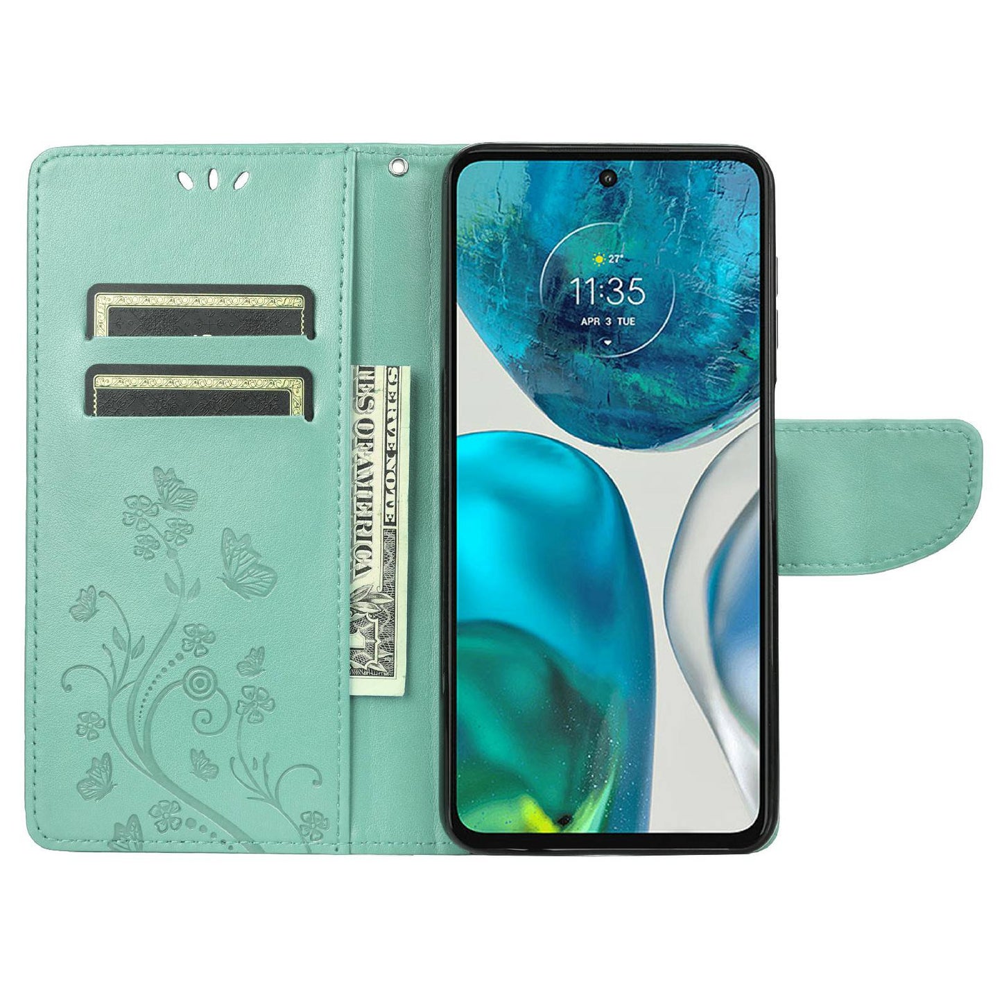 For Motorola Moto G52 4G PU Leather Imprinted Butterfly Flower Pattern Case Wrist Strap Stand Magnetic Closure Wallet Book Flip Cover