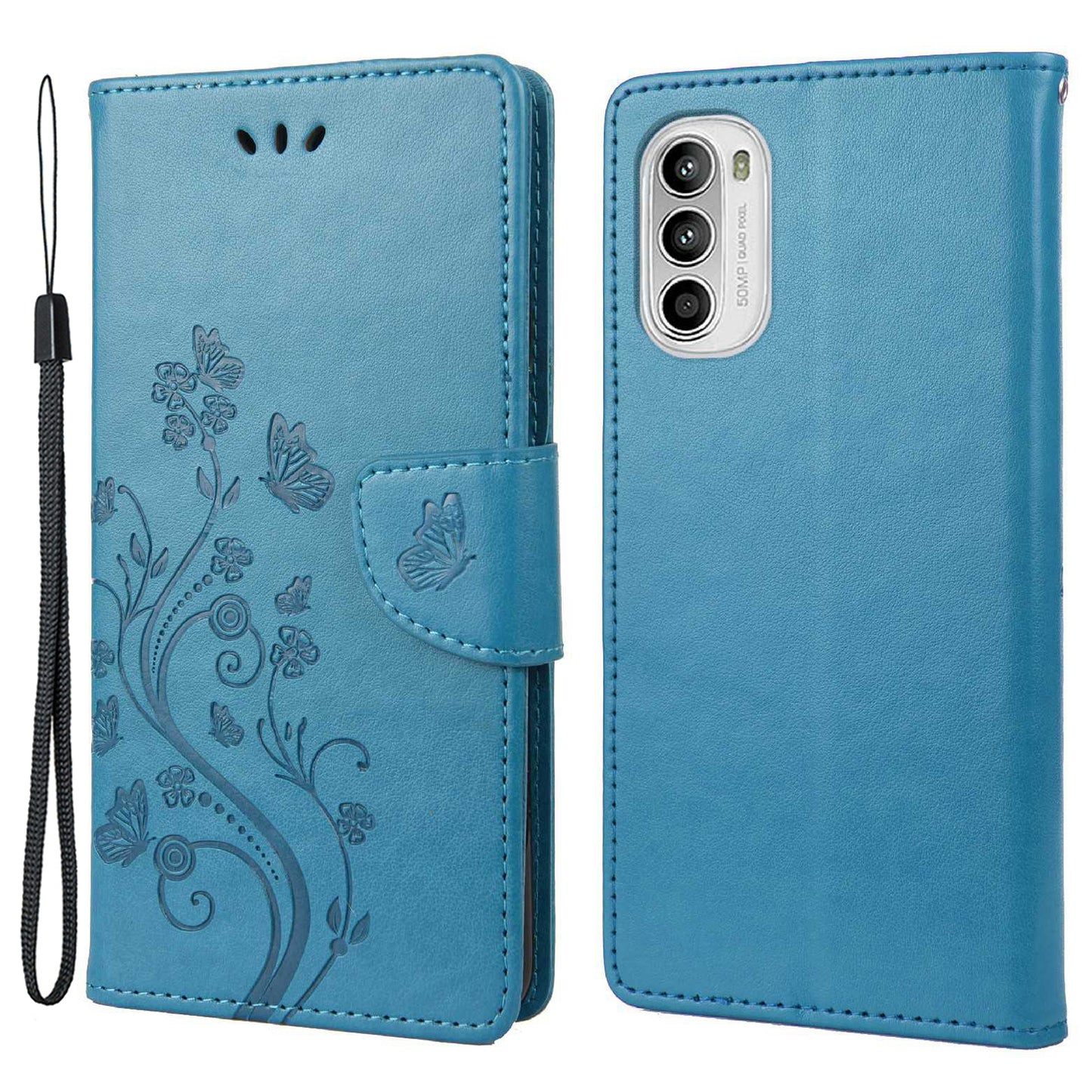 For Motorola Moto G52 4G PU Leather Imprinted Butterfly Flower Pattern Case Wrist Strap Stand Magnetic Closure Wallet Book Flip Cover
