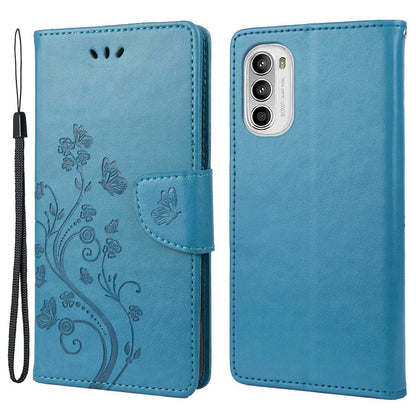 For Motorola Moto G52 4G PU Leather Imprinted Butterfly Flower Pattern Case Wrist Strap Stand Magnetic Closure Wallet Book Flip Cover
