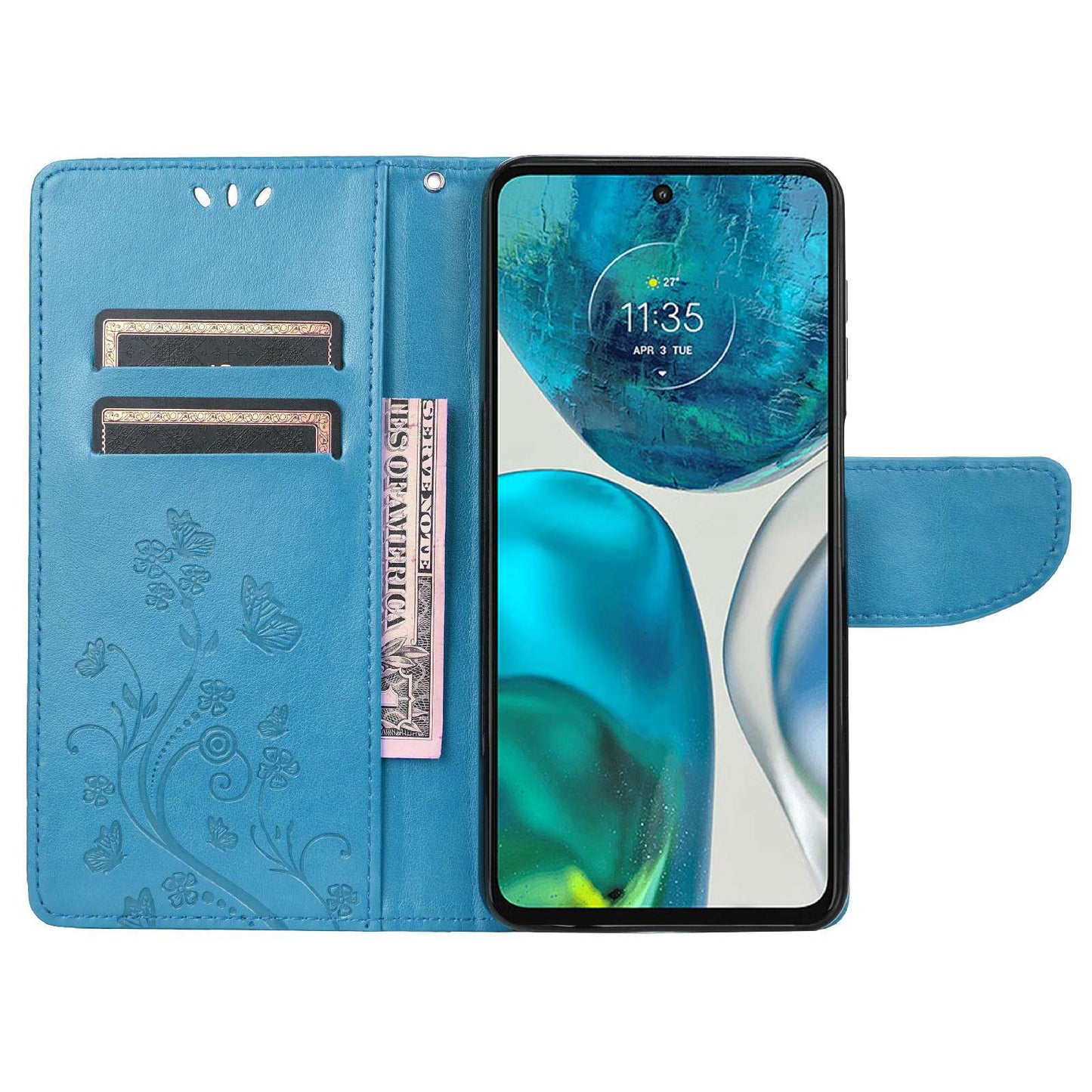 For Motorola Moto G52 4G PU Leather Imprinted Butterfly Flower Pattern Case Wrist Strap Stand Magnetic Closure Wallet Book Flip Cover