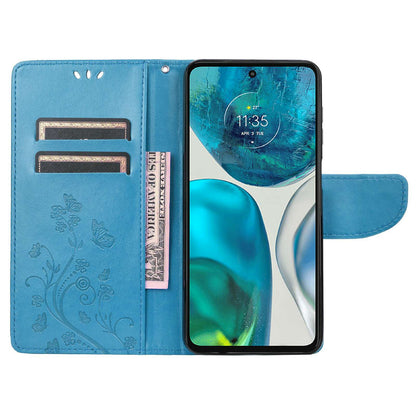 For Motorola Moto G52 4G PU Leather Imprinted Butterfly Flower Pattern Case Wrist Strap Stand Magnetic Closure Wallet Book Flip Cover