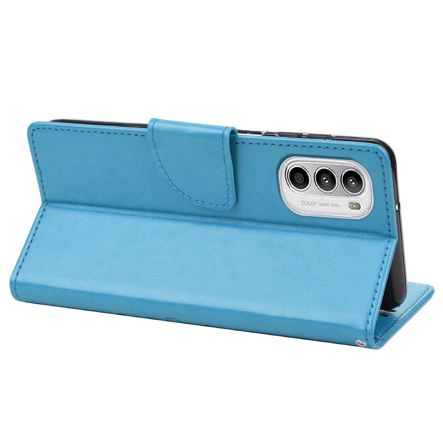For Motorola Moto G52 4G PU Leather Imprinted Butterfly Flower Pattern Case Wrist Strap Stand Magnetic Closure Wallet Book Flip Cover