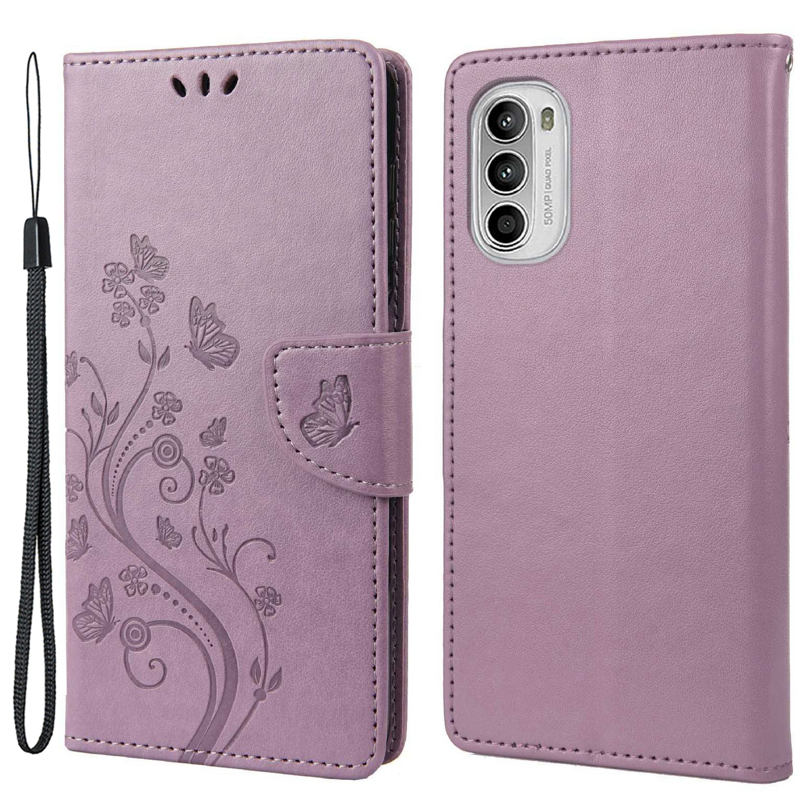 For Motorola Moto G52 4G PU Leather Imprinted Butterfly Flower Pattern Case Wrist Strap Stand Magnetic Closure Wallet Book Flip Cover