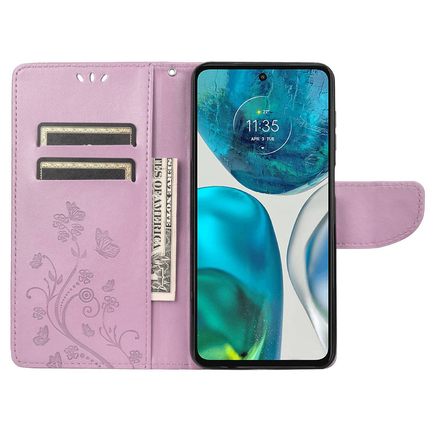 For Motorola Moto G52 4G PU Leather Imprinted Butterfly Flower Pattern Case Wrist Strap Stand Magnetic Closure Wallet Book Flip Cover