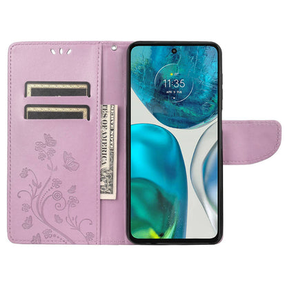 For Motorola Moto G52 4G PU Leather Imprinted Butterfly Flower Pattern Case Wrist Strap Stand Magnetic Closure Wallet Book Flip Cover