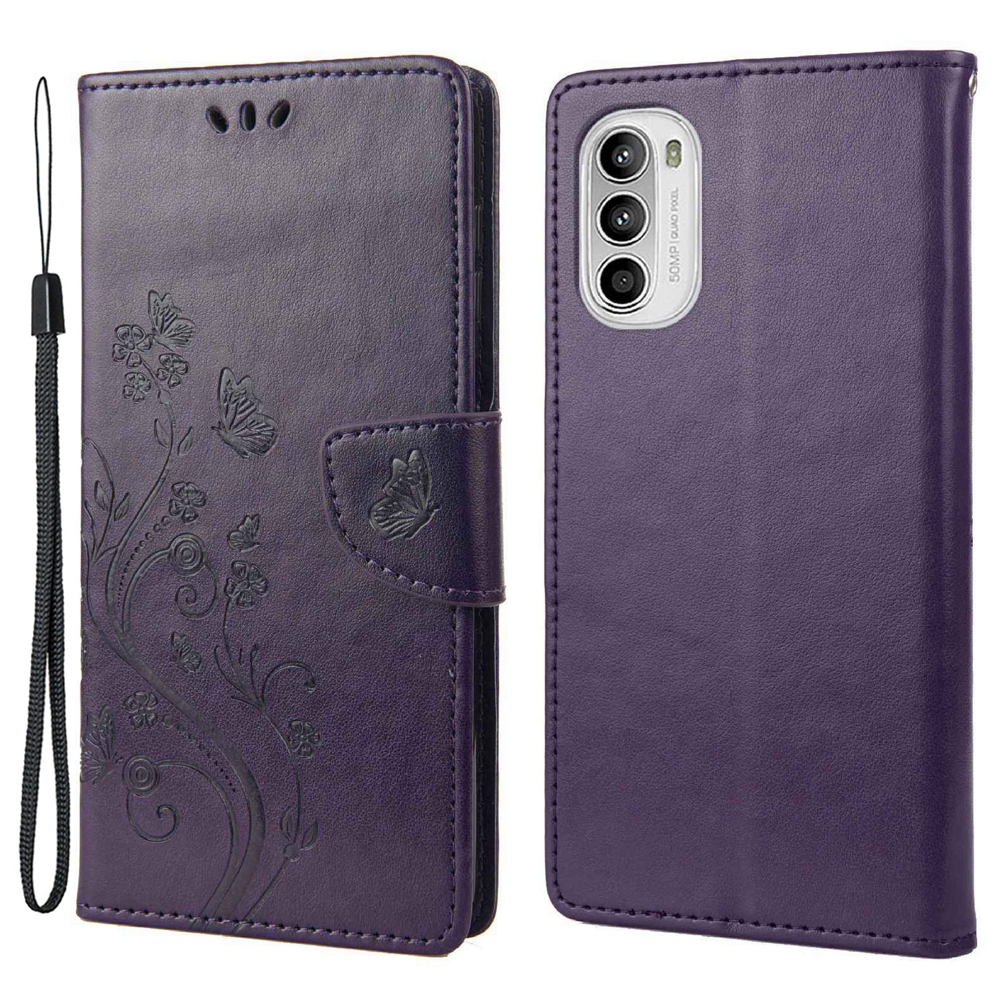 For Motorola Moto G52 4G PU Leather Imprinted Butterfly Flower Pattern Case Wrist Strap Stand Magnetic Closure Wallet Book Flip Cover