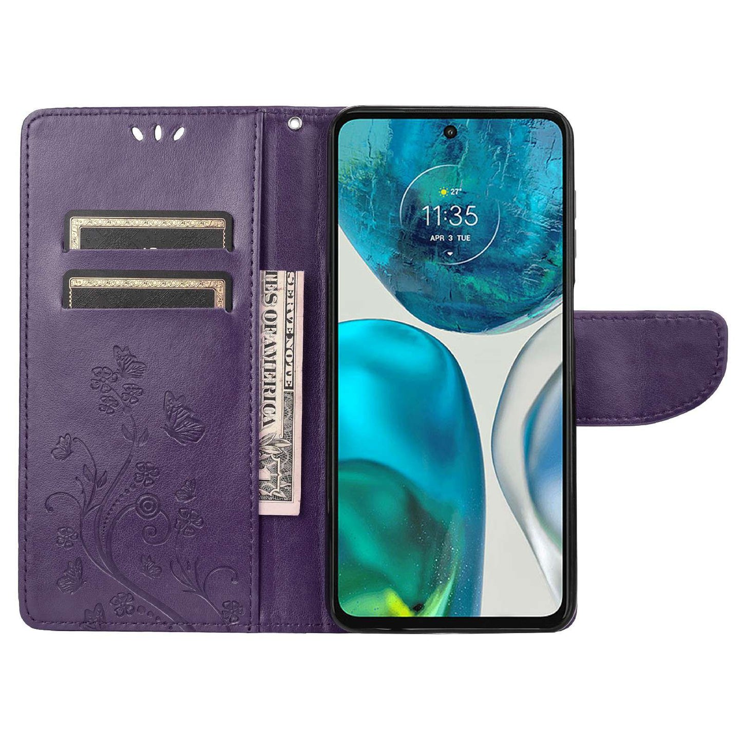 For Motorola Moto G52 4G PU Leather Imprinted Butterfly Flower Pattern Case Wrist Strap Stand Magnetic Closure Wallet Book Flip Cover