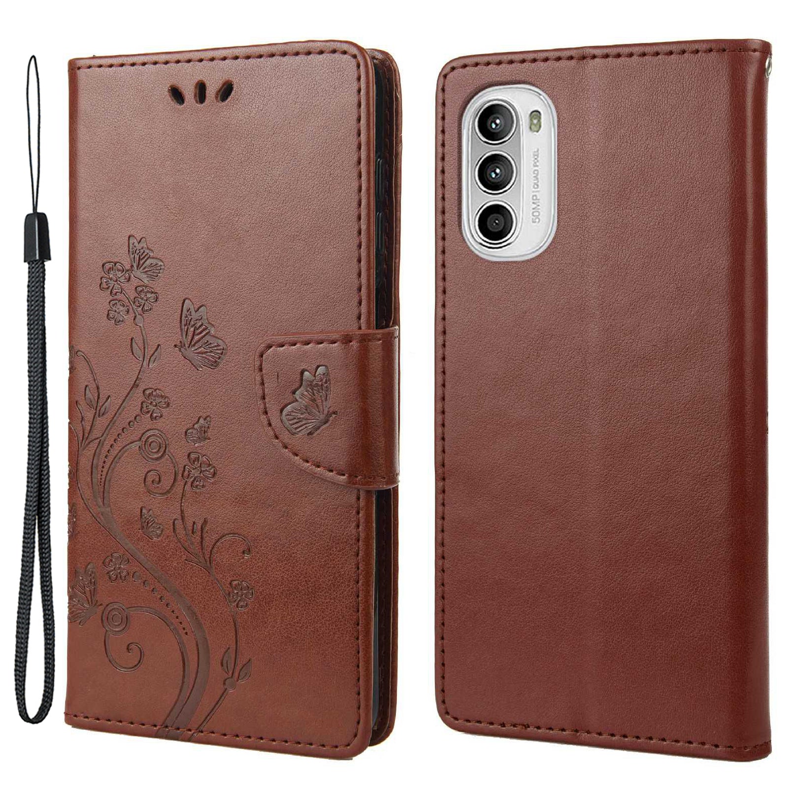 For Motorola Moto G52 4G PU Leather Imprinted Butterfly Flower Pattern Case Wrist Strap Stand Magnetic Closure Wallet Book Flip Cover