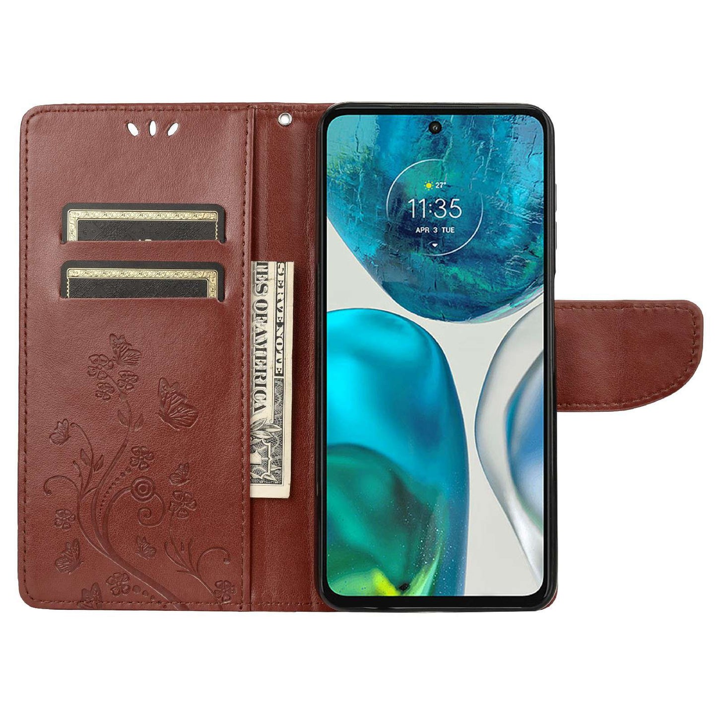 For Motorola Moto G52 4G PU Leather Imprinted Butterfly Flower Pattern Case Wrist Strap Stand Magnetic Closure Wallet Book Flip Cover