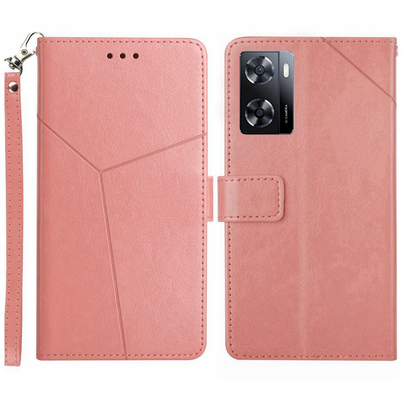 Shockproof Phone Case For Oppo A57 4G / A57 (2022) 5G / A77 5G / 4G / Realme Narzo 50 5G, HT01 Wallet Stand Imprinted Y-Shaped Lines PU Leather Cover with Strap
