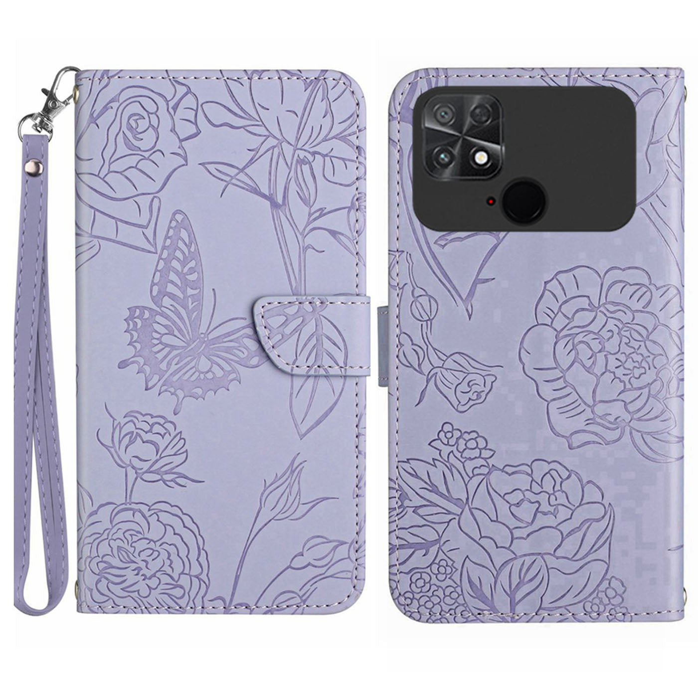 For Xiaomi Poco C40 4G Butterfly Flowers Imprinting Phone Case Anti-shock Skin Touch PU Leather Stand Wallet Shell with Strap