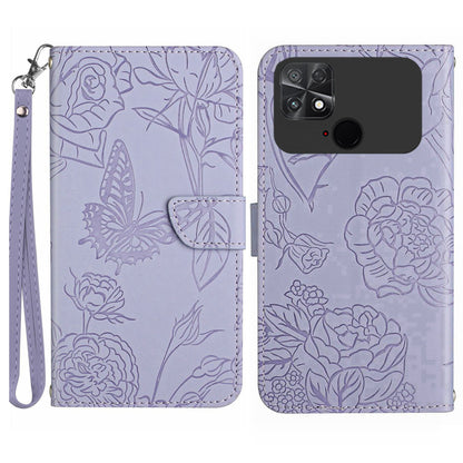 For Xiaomi Poco C40 4G Butterfly Flowers Imprinting Phone Case Anti-shock Skin Touch PU Leather Stand Wallet Shell with Strap