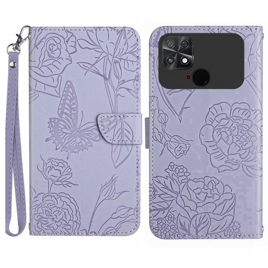 For Xiaomi Poco C40 4G Butterfly Flowers Imprinting Phone Case Anti-shock Skin Touch PU Leather Stand Wallet Shell with Strap