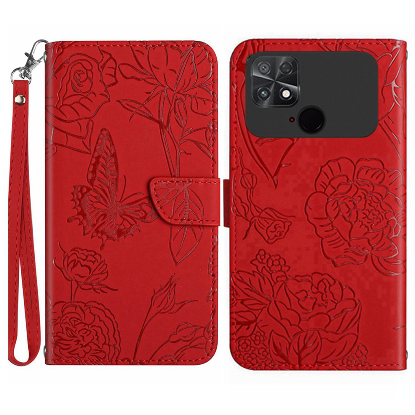 For Xiaomi Poco C40 4G Butterfly Flowers Imprinting Phone Case Anti-shock Skin Touch PU Leather Stand Wallet Shell with Strap