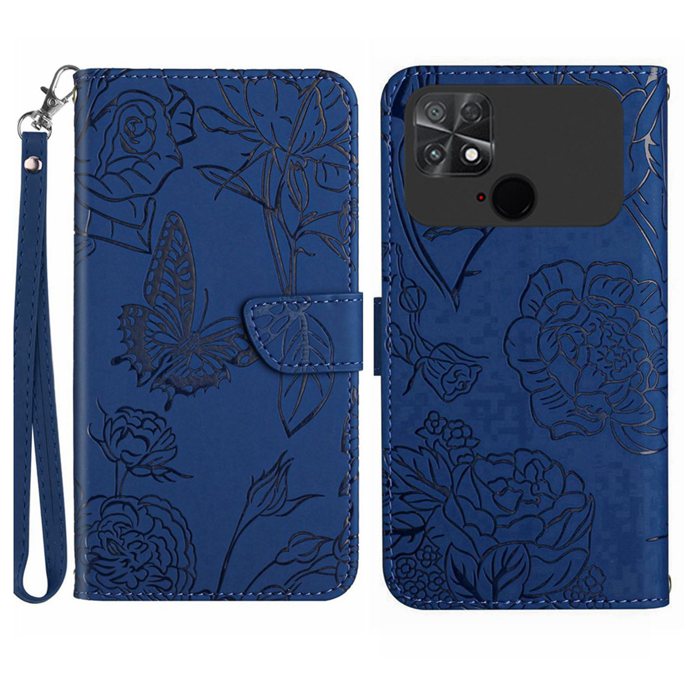 For Xiaomi Poco C40 4G Butterfly Flowers Imprinting Phone Case Anti-shock Skin Touch PU Leather Stand Wallet Shell with Strap