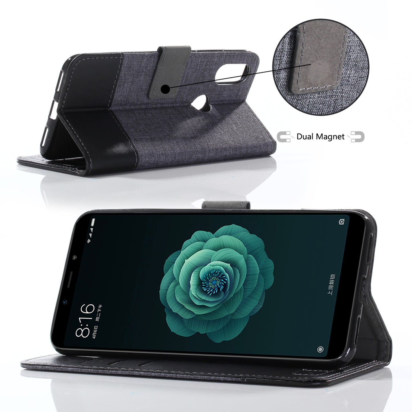 MUXMA PU Leather Canvas Splicing Wallet Stand Cover for Xiaomi Mi A2 / Mi 6X