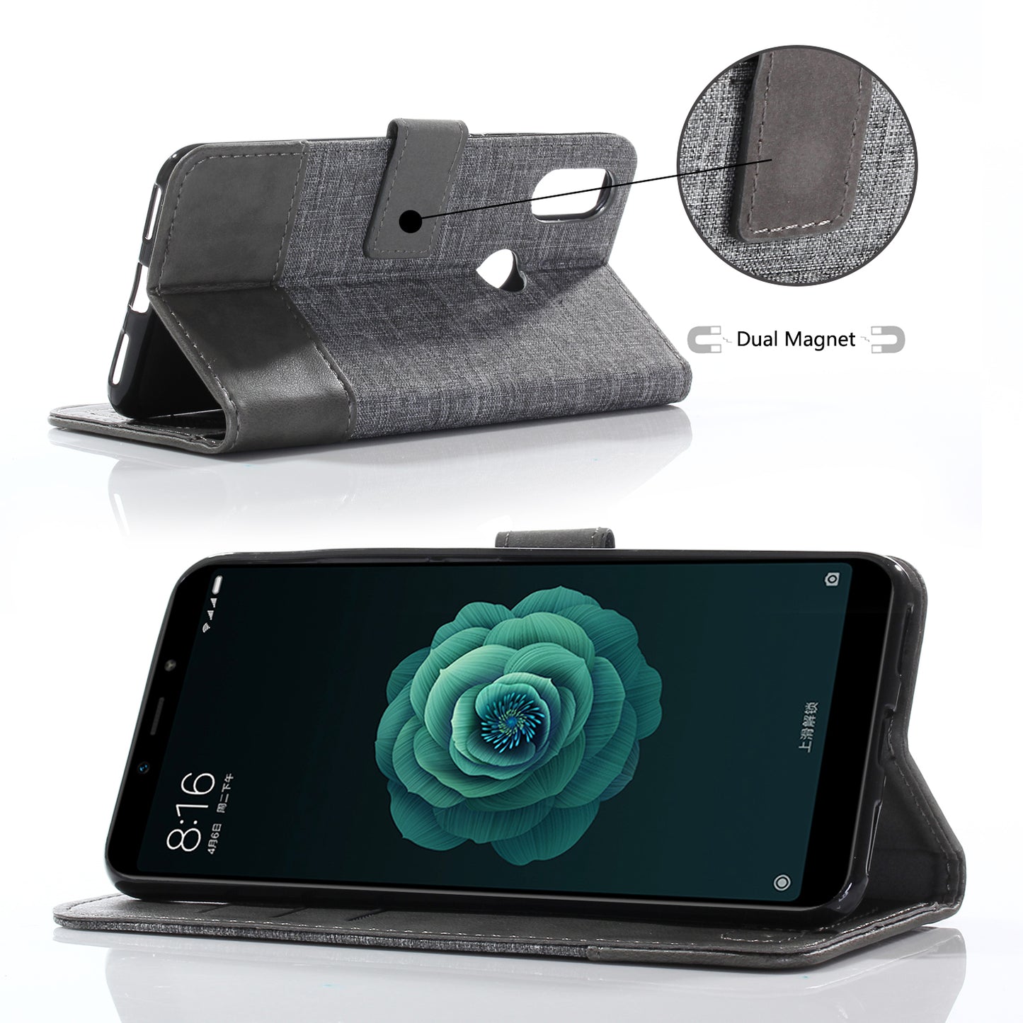MUXMA PU Leather Canvas Splicing Wallet Stand Cover for Xiaomi Mi A2 / Mi 6X