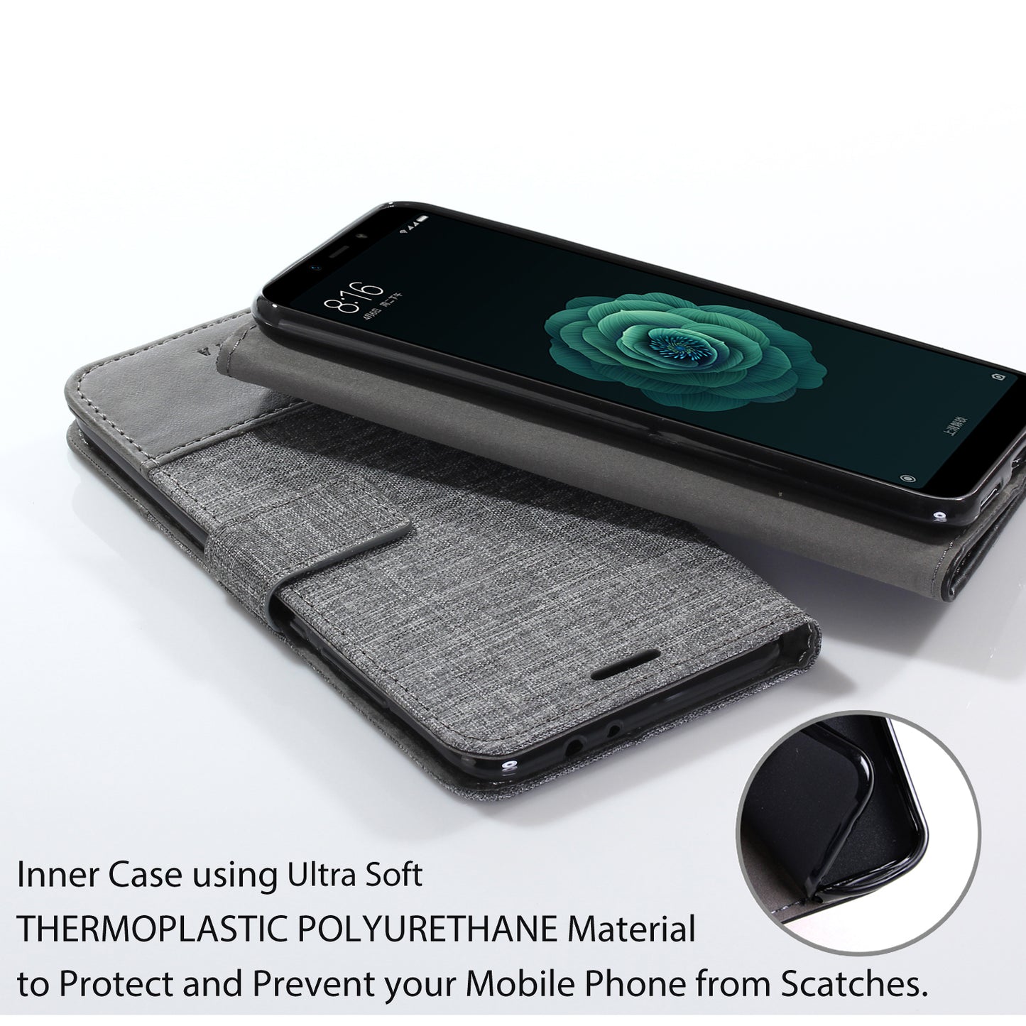 MUXMA PU Leather Canvas Splicing Wallet Stand Cover for Xiaomi Mi A2 / Mi 6X