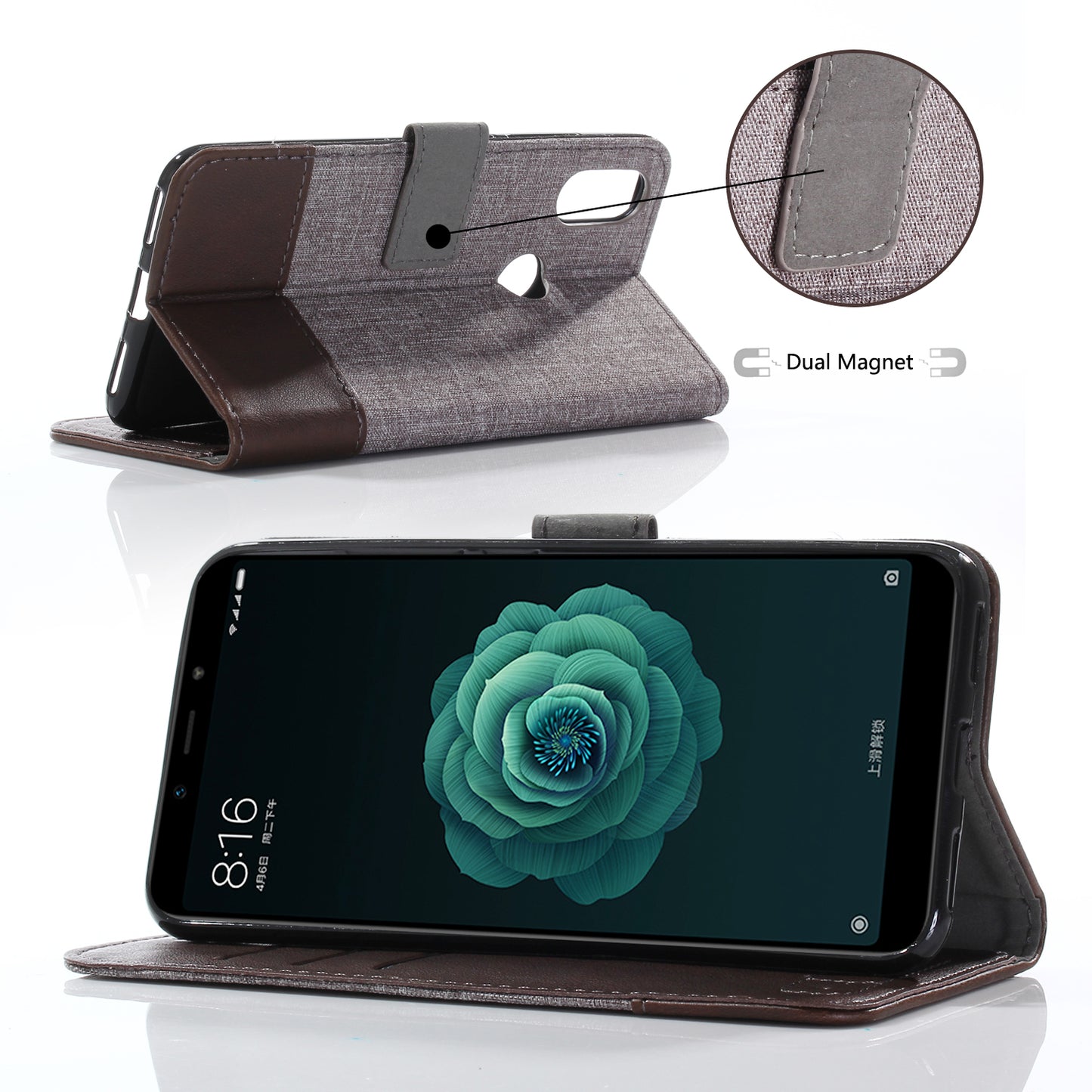 MUXMA PU Leather Canvas Splicing Wallet Stand Cover for Xiaomi Mi A2 / Mi 6X