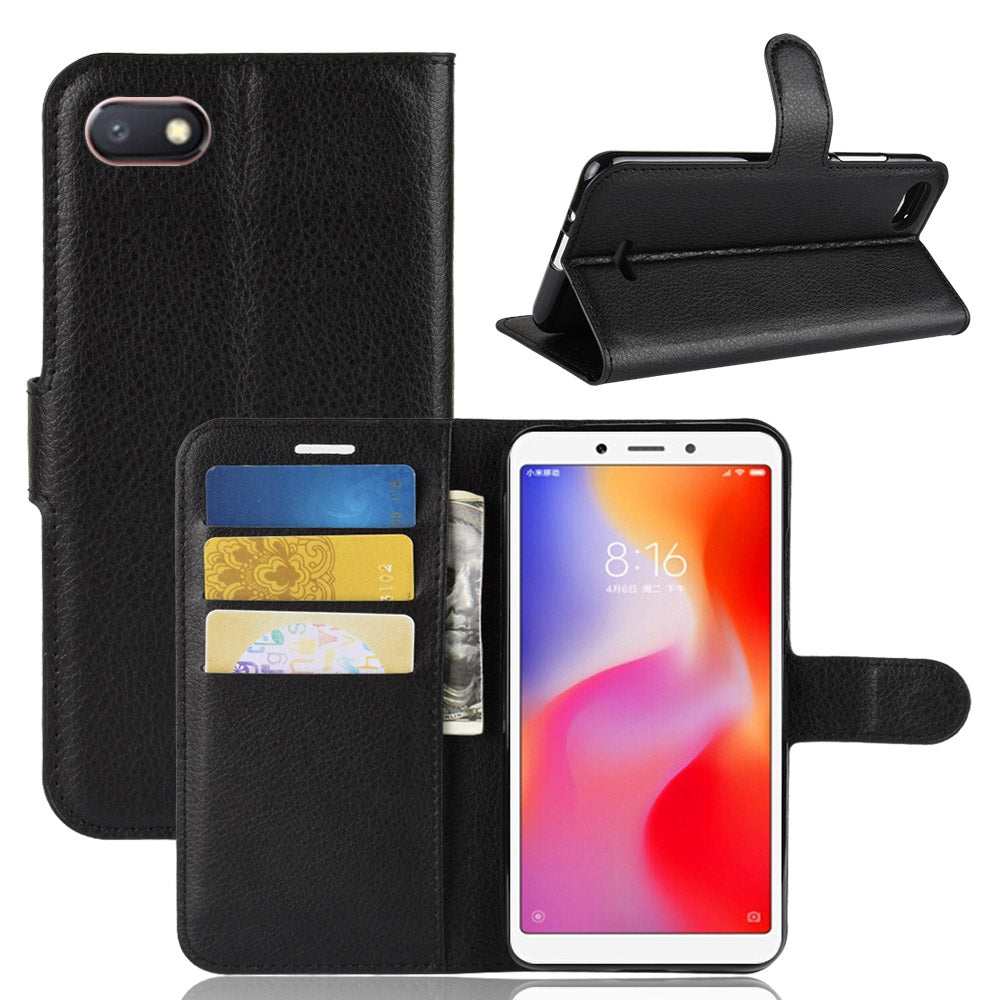 Litchi Texture Leather Wallet Stand Mobile Casing for Xiaomi Redmi 6A (Single 12MP Rear Camera)