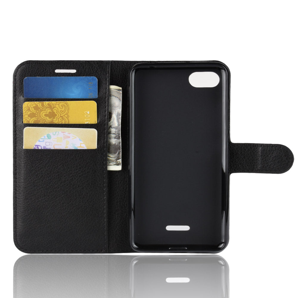 Litchi Texture Leather Wallet Stand Mobile Casing for Xiaomi Redmi 6A (Single 12MP Rear Camera)