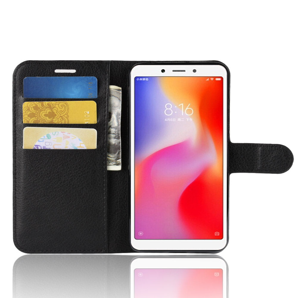 Litchi Texture Leather Wallet Stand Mobile Casing for Xiaomi Redmi 6A (Single 12MP Rear Camera)