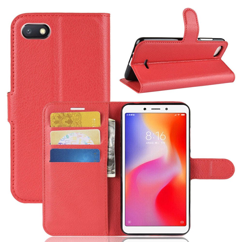 Litchi Texture Leather Wallet Stand Mobile Casing for Xiaomi Redmi 6A (Single 12MP Rear Camera)