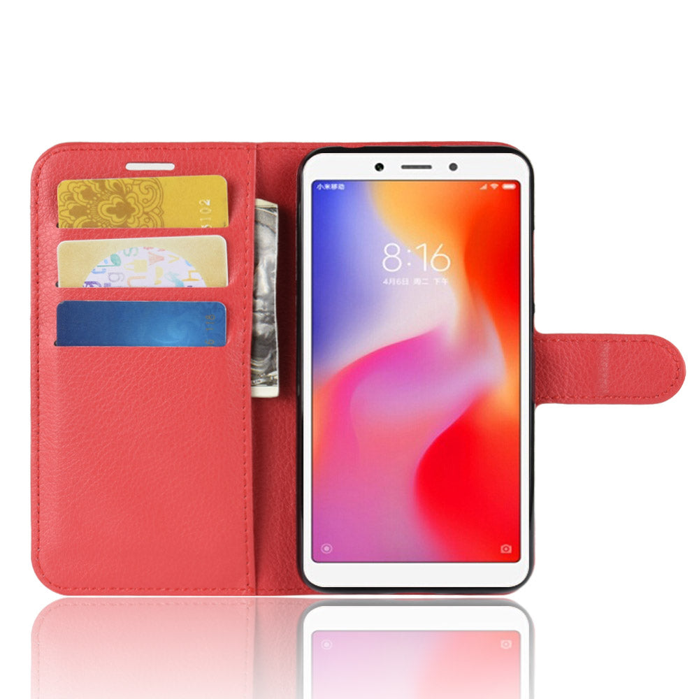Litchi Texture Leather Wallet Stand Mobile Casing for Xiaomi Redmi 6A (Single 12MP Rear Camera)